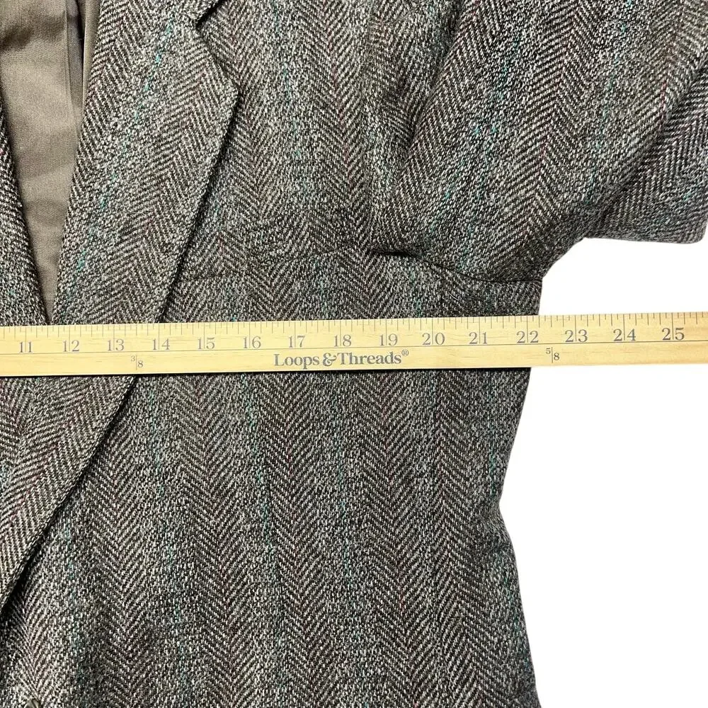 Vintage 90s Haggar Blazer Mens 46R Gray Herringbone USA Wool Tweed Sport Coat